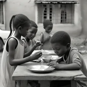 Des enfants mangeant un repas à une table grâce à l'UNICEF 